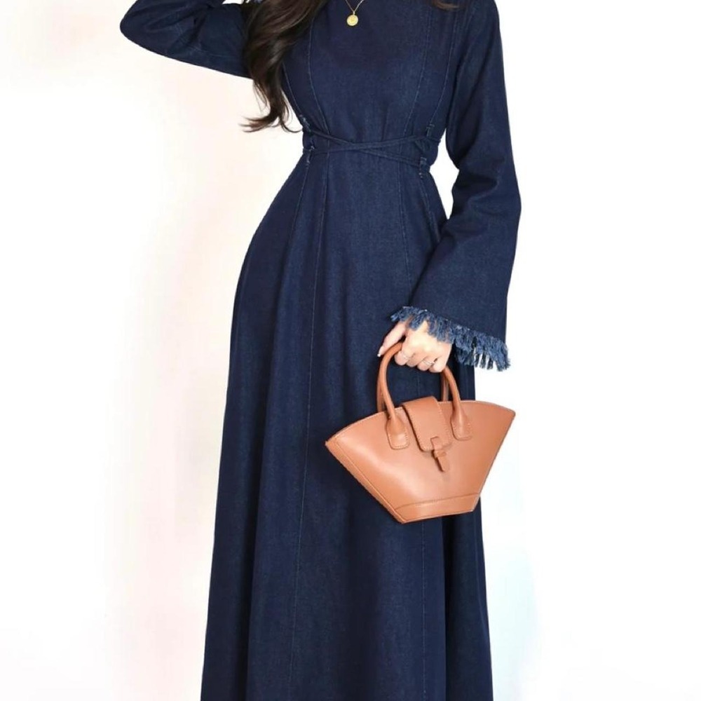Modest Barbie Navy Blue Denim Maxi Dress with Fringe Sleeves